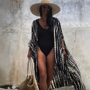 Black Tie Dye Boho Swim Coverup Kimono Robe